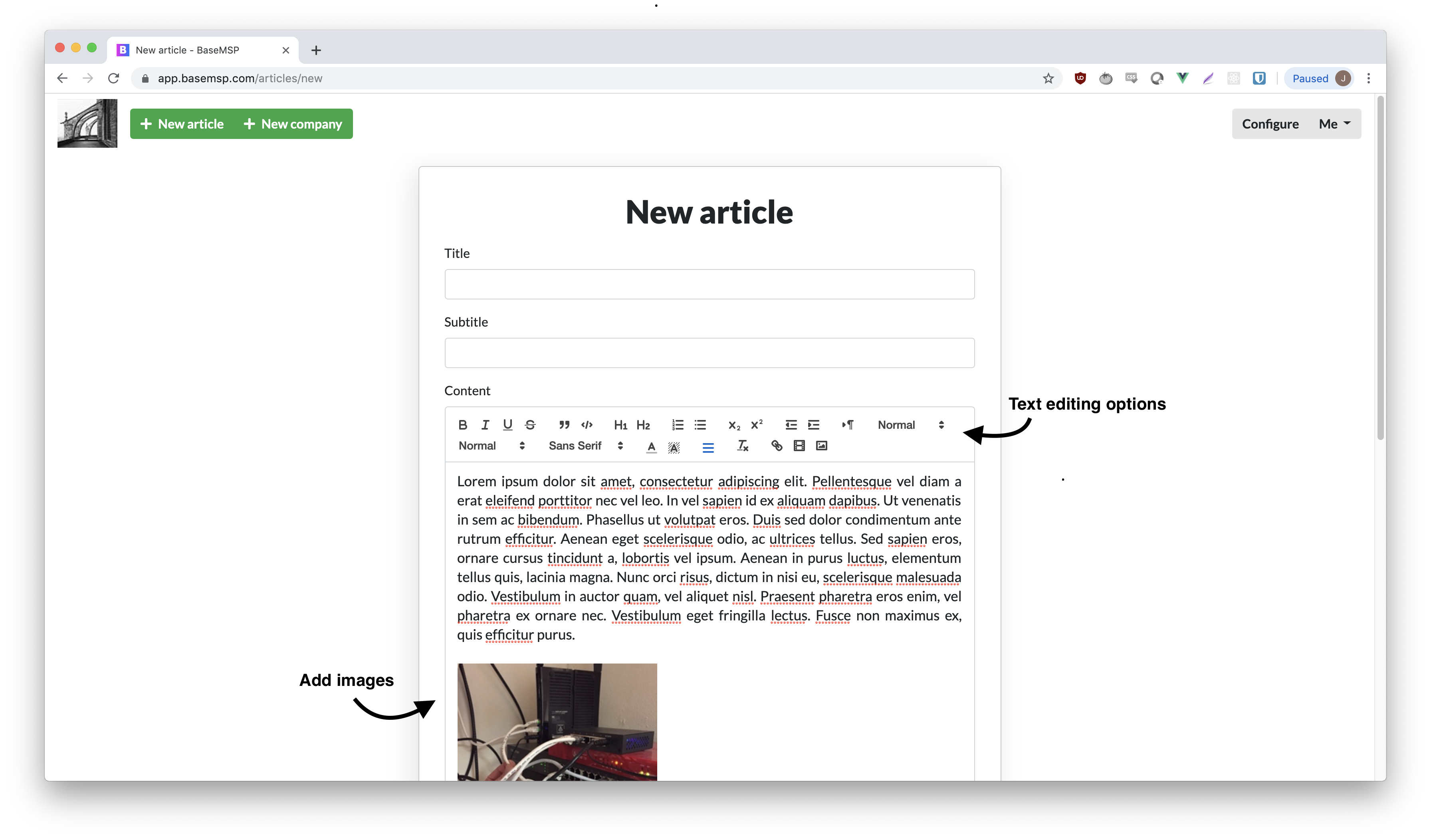 A screenshot of the article writing experience